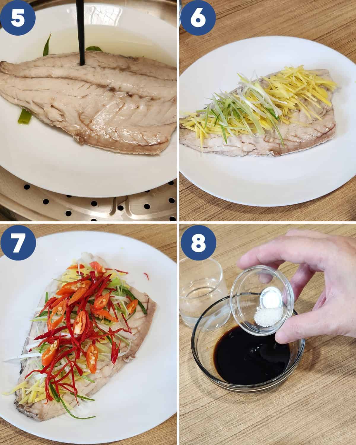 Step by step process photos of garnishing the fish and preparing the sauce.