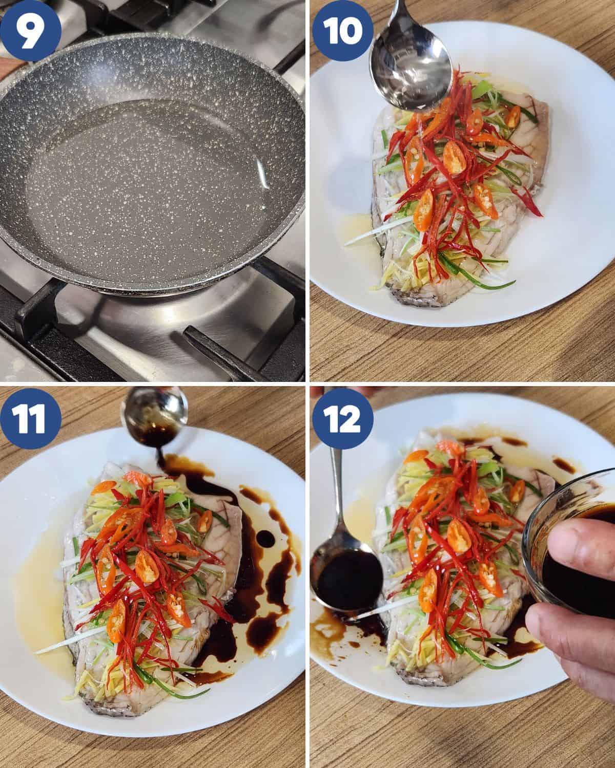 Step by step process photos of pouring the oil and sauce.