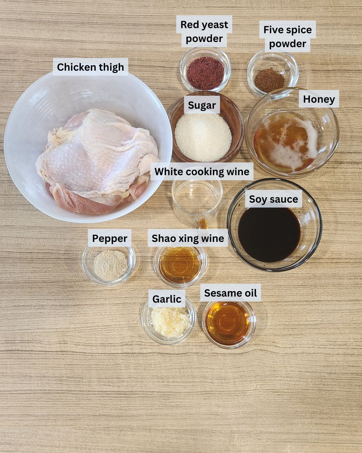 Char siu chicken ingredients with labels.