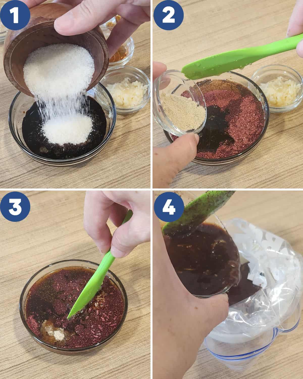 Step by step process of preparing the marinate sauce for char siu chicken.