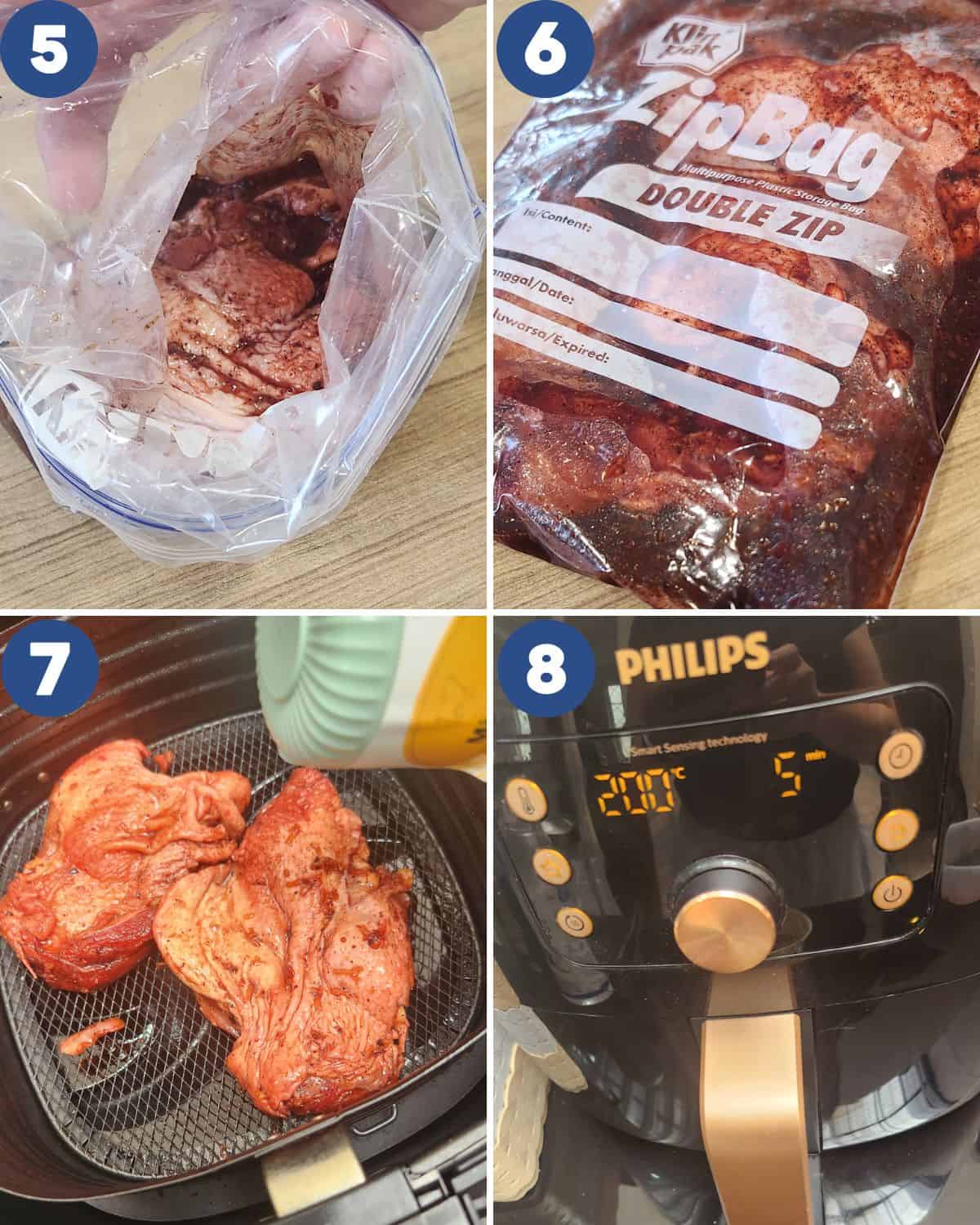 Step by step process photos of marinating the chicken and airfrying them.
