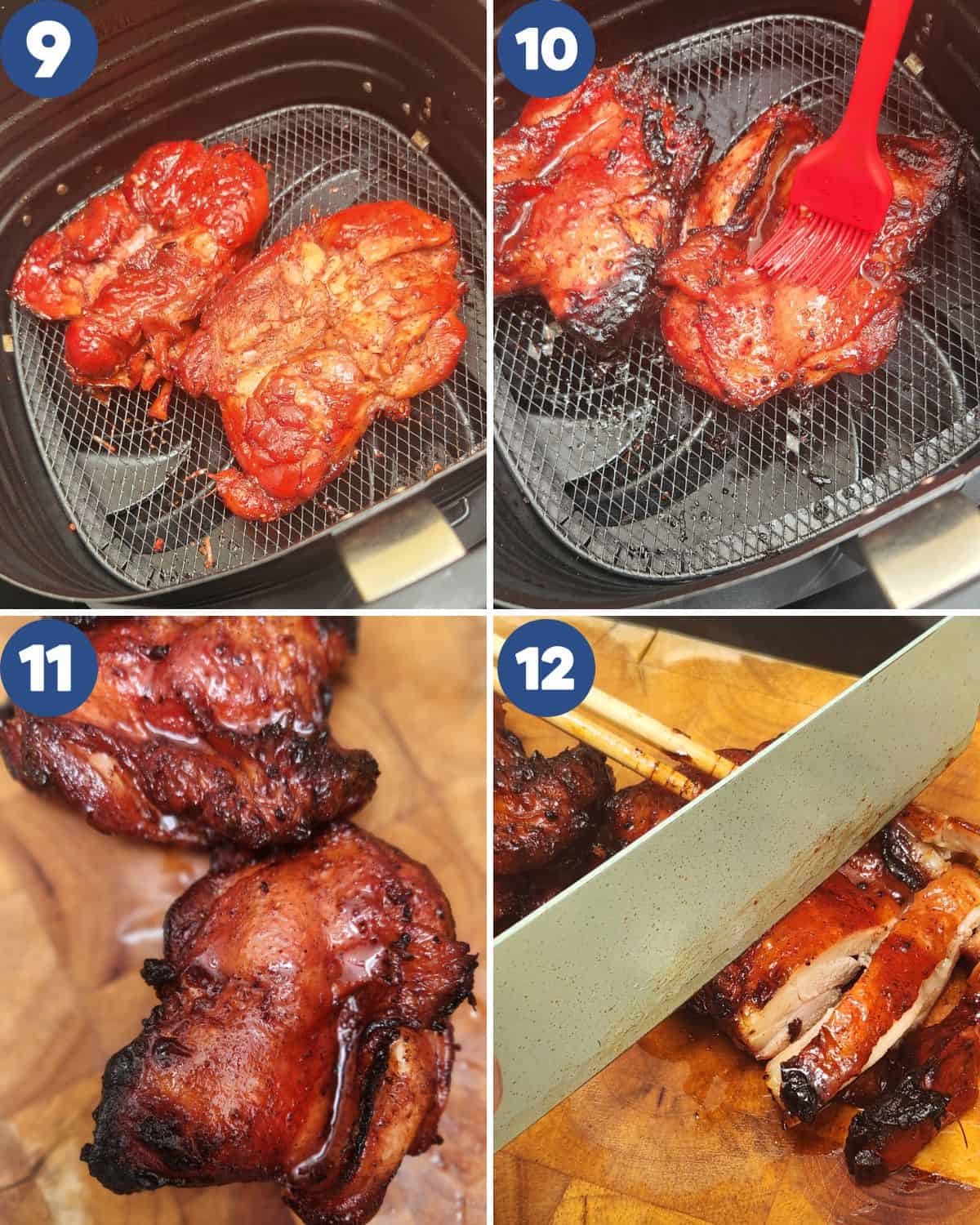 Step by step process photos of air frying and slicing the chicken.