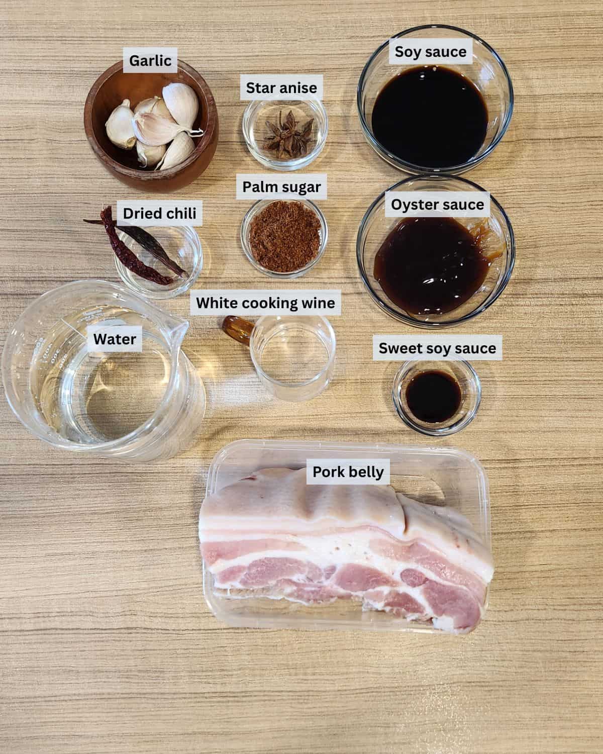 Chinese braised pork belly ingredients with labels.