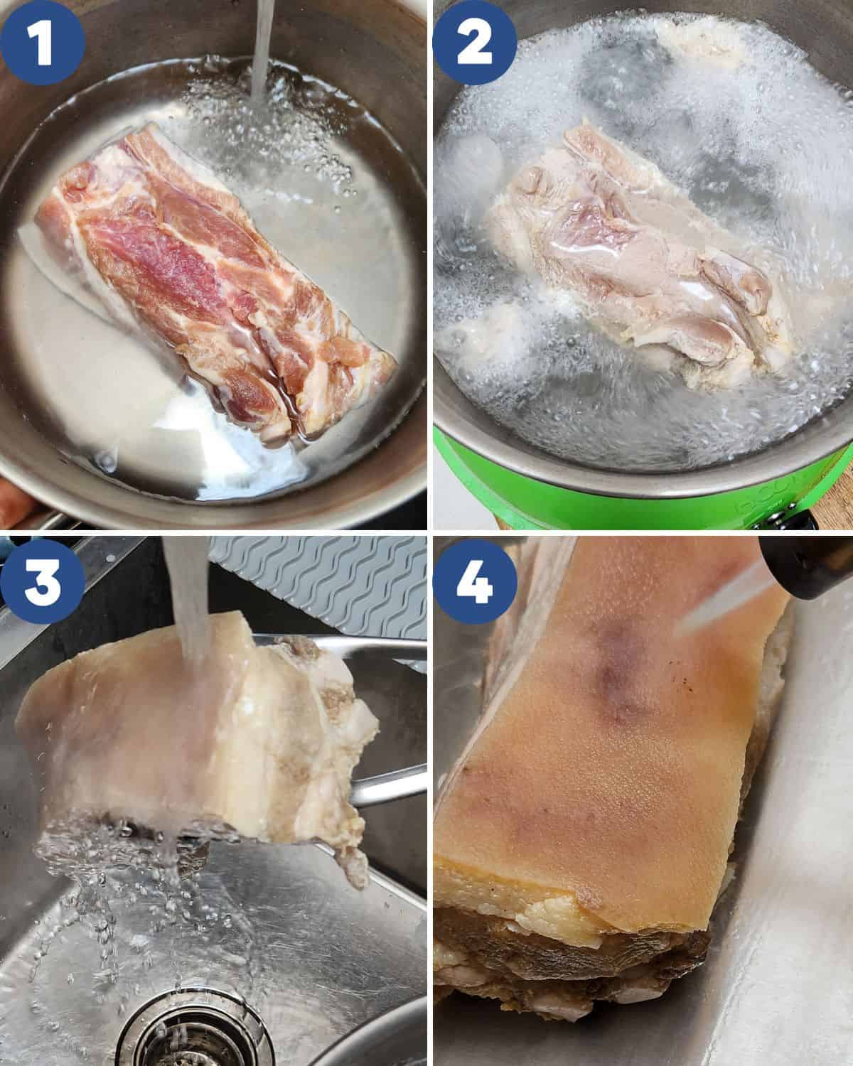 Step by step process photos of preparing the pork belly.