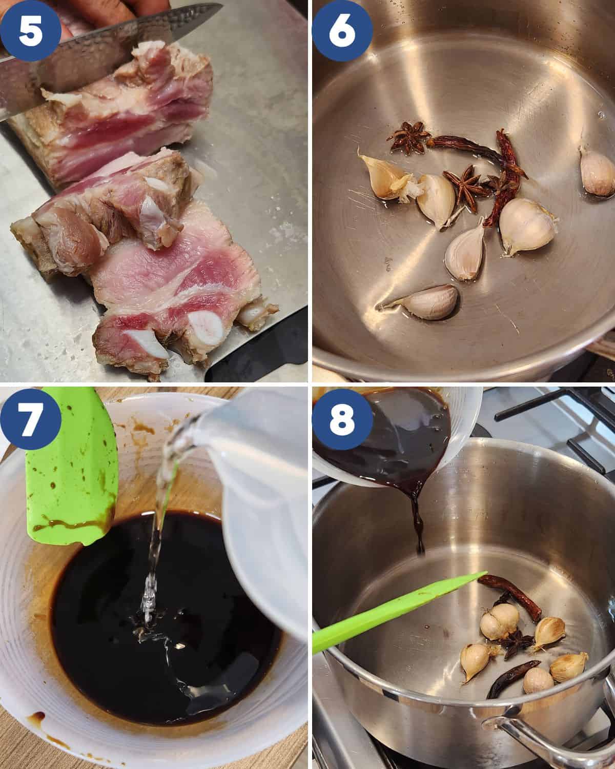 Step by step process photos of preparing the sauce and herbs for Chinese braised pork belly. 