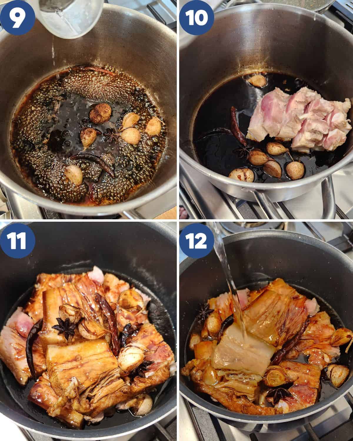 Step by step process photos of braising the pork belly in the pot.