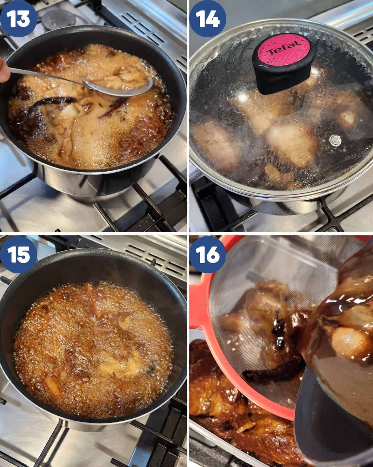 Step by step process photos of braising the pork belly. 