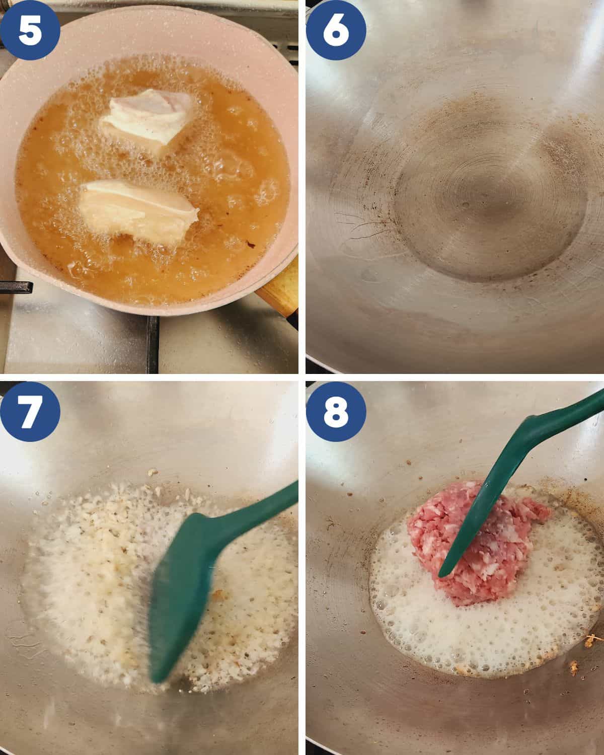 Photo collage of deep frying the salted fish and sauteeing the garlic and meat.