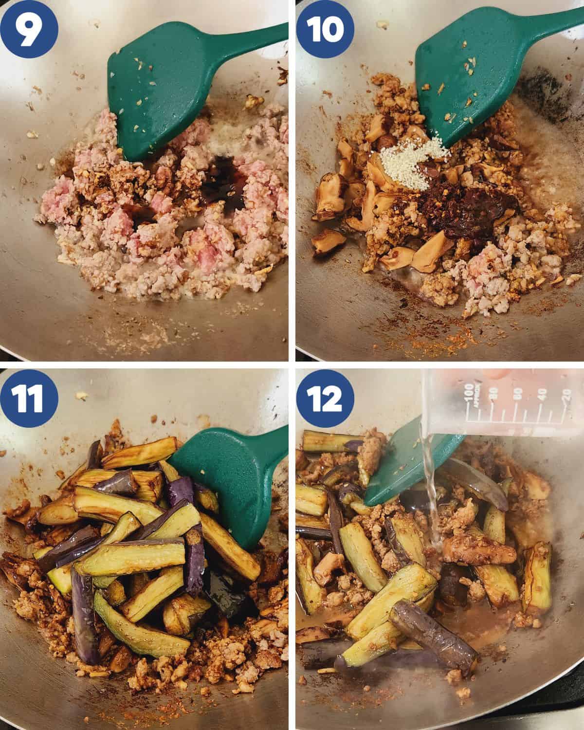 Photo collage of stir frying and seasoning all the ingredients.