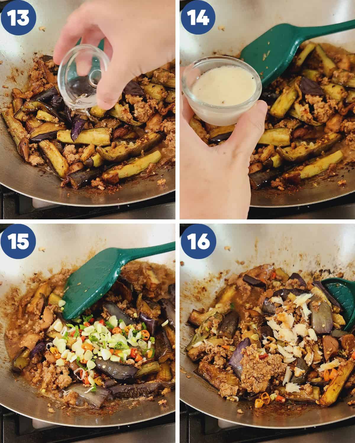 Photo collage of making the broth thick by adding cornstarch slurry.