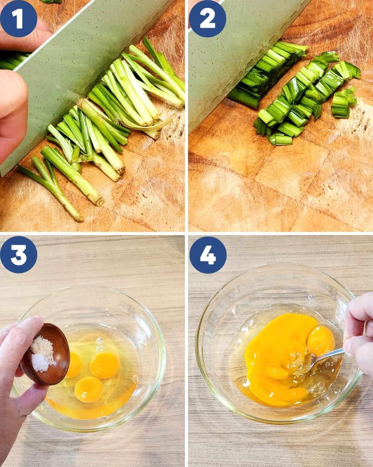 Step by step process photos of preparing Chinese chives and beating the eggs with seasoning.