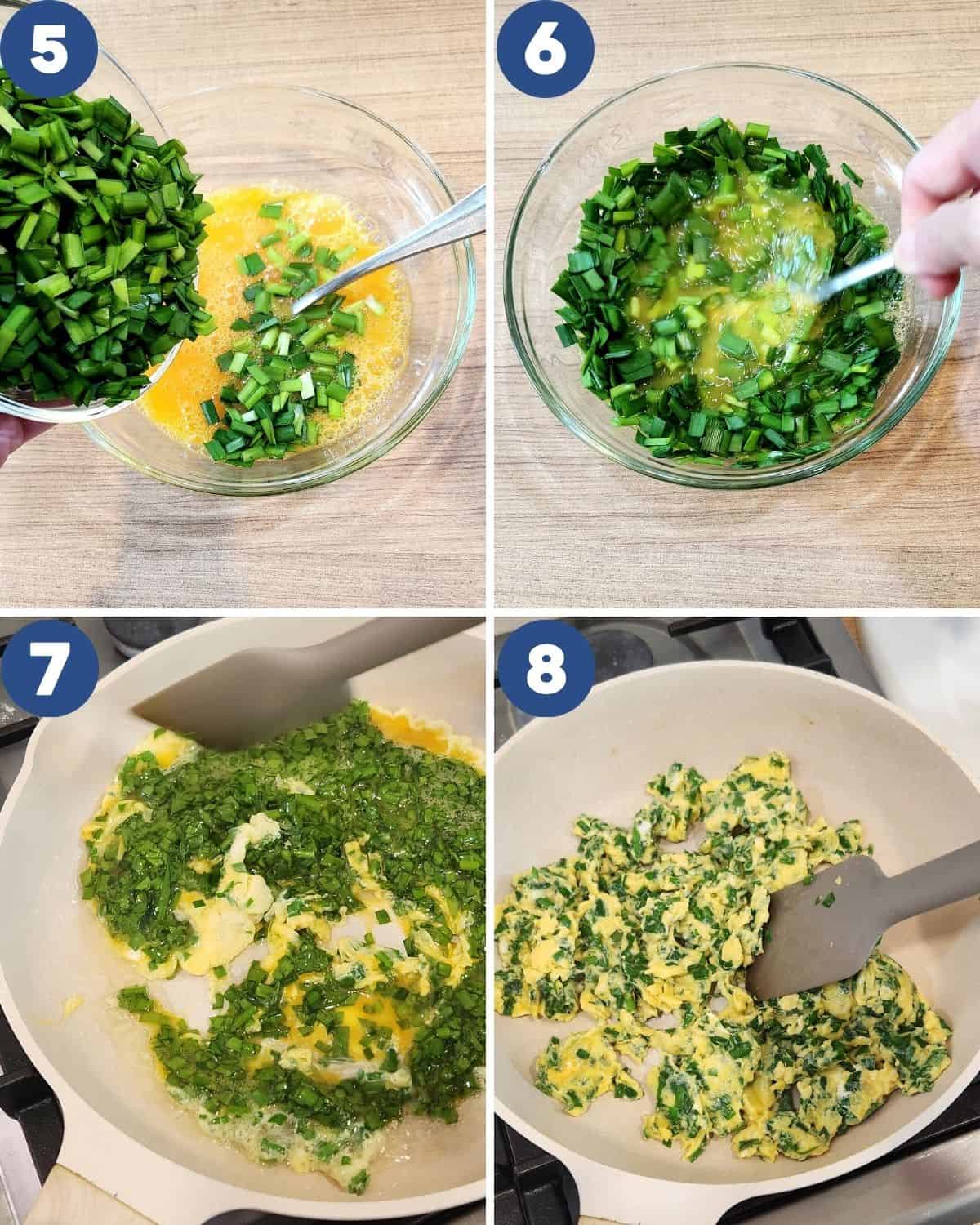 Step by step process photos of mixing the eggs and Chinese chives and pouring it into a pan, making the chive scrambled eggs.