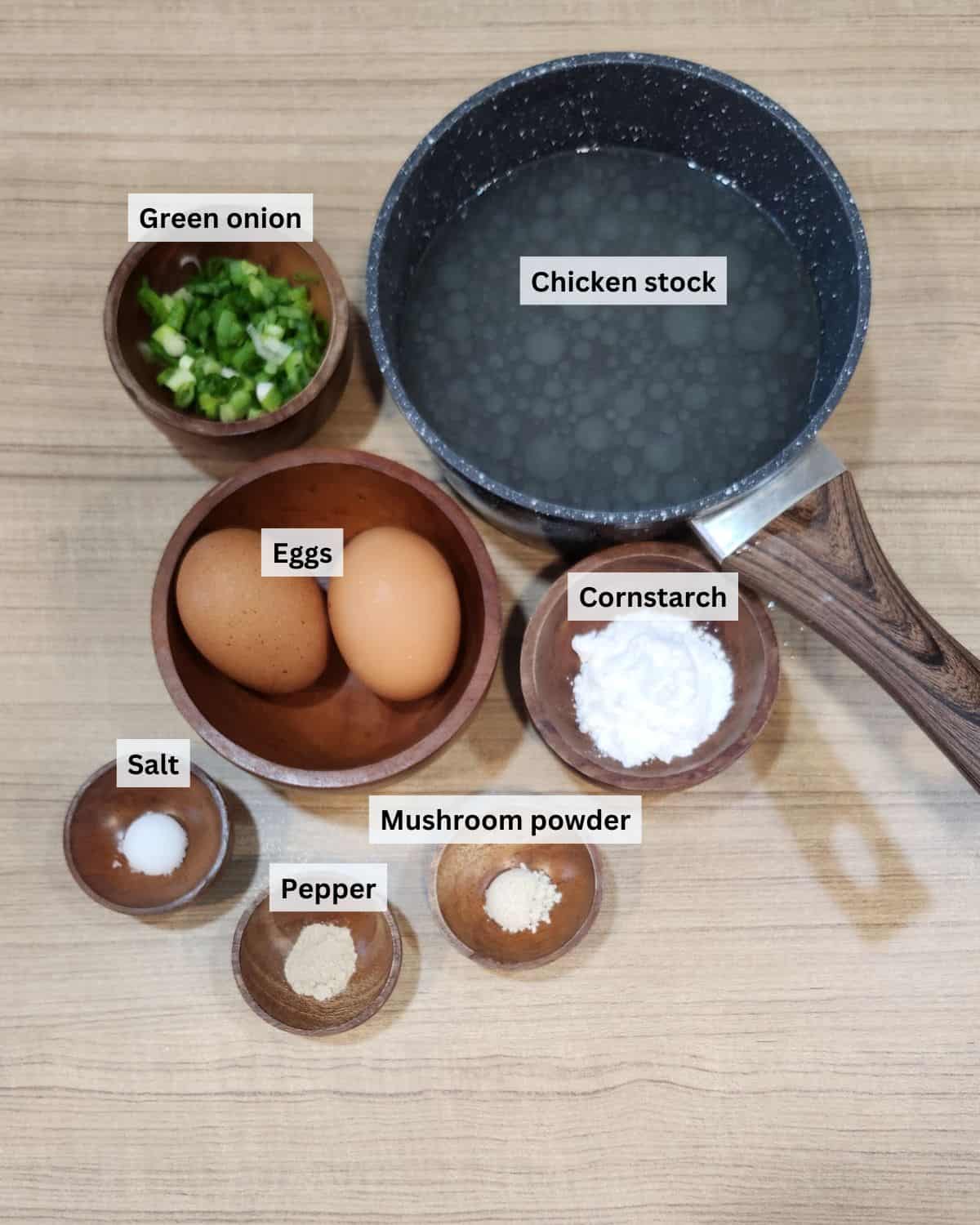 Egg drop soup ingredients with labels.
