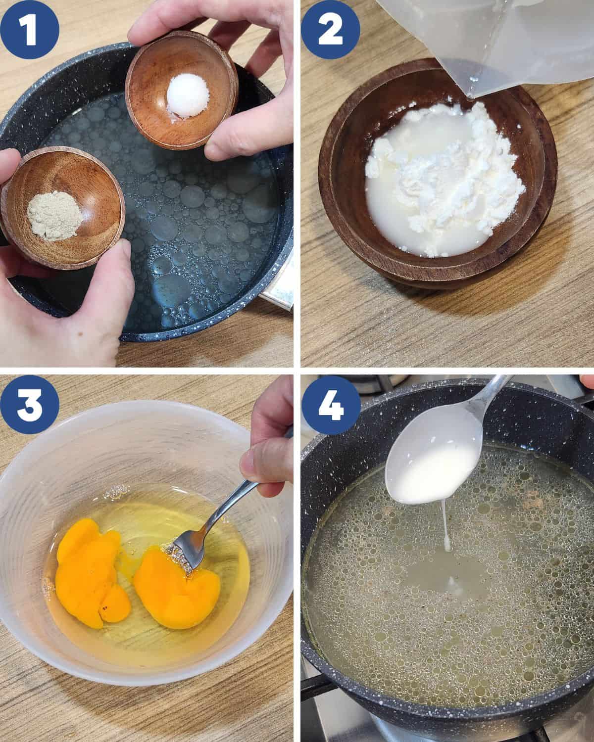 Photo collage of Egg drop soup cooking process.