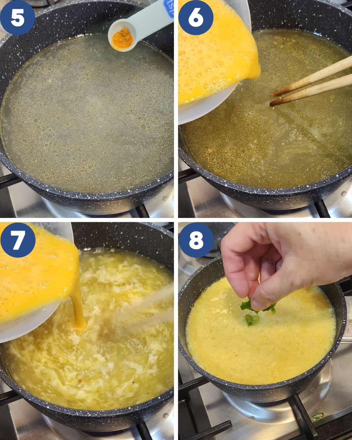 Photo collage of egg drop soup cooking process to make the egg strands.