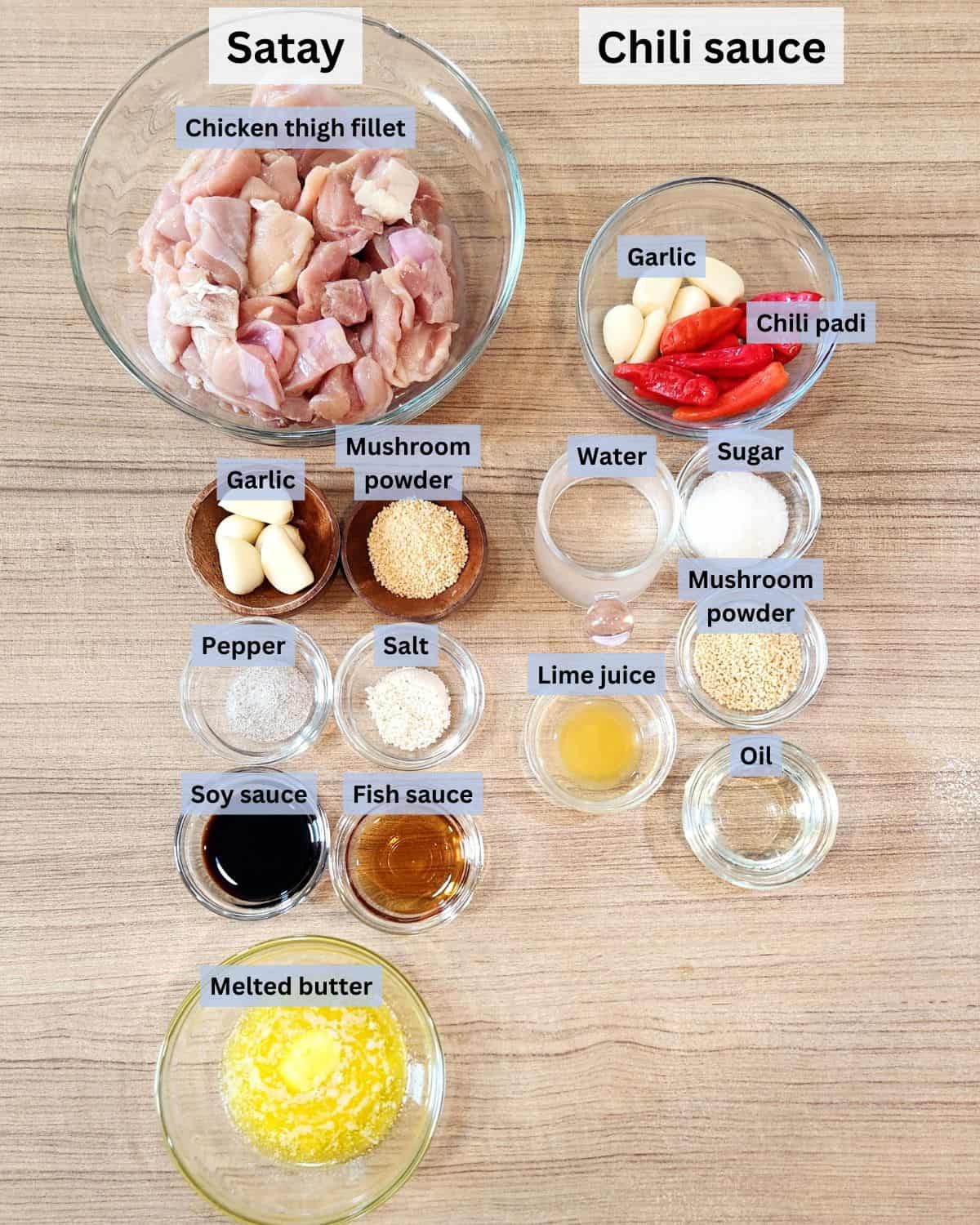 Sate taichan ingredients with labels.