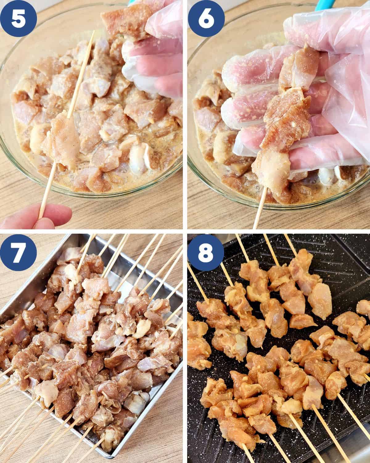 Step by step process photos of putting the chicken fillet in the skewers.