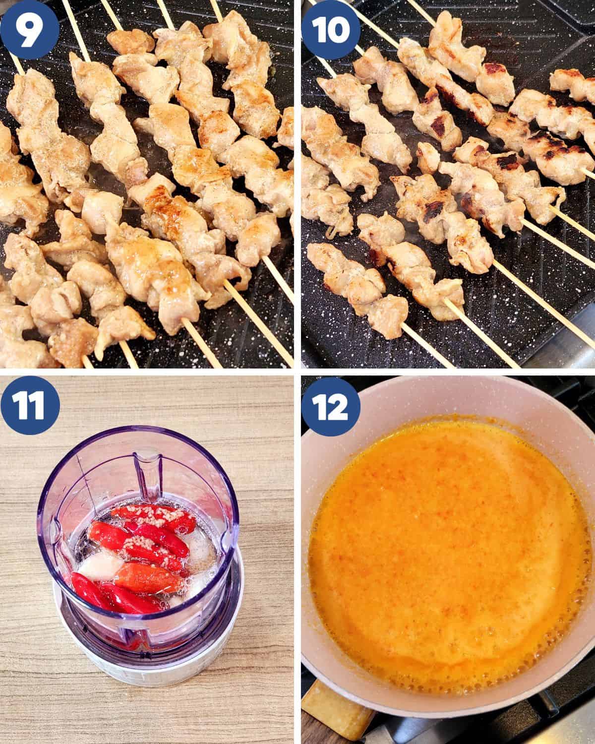 Step by step process photos of grilling the sate taichan and making the sambal.