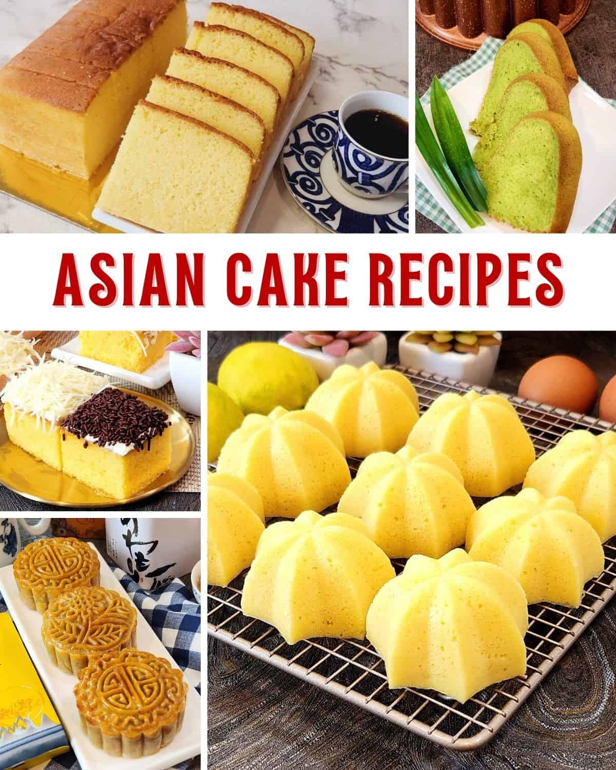 A photo collage of Asian cake recipes from Indonesia, Taiwan, and Thailand. 