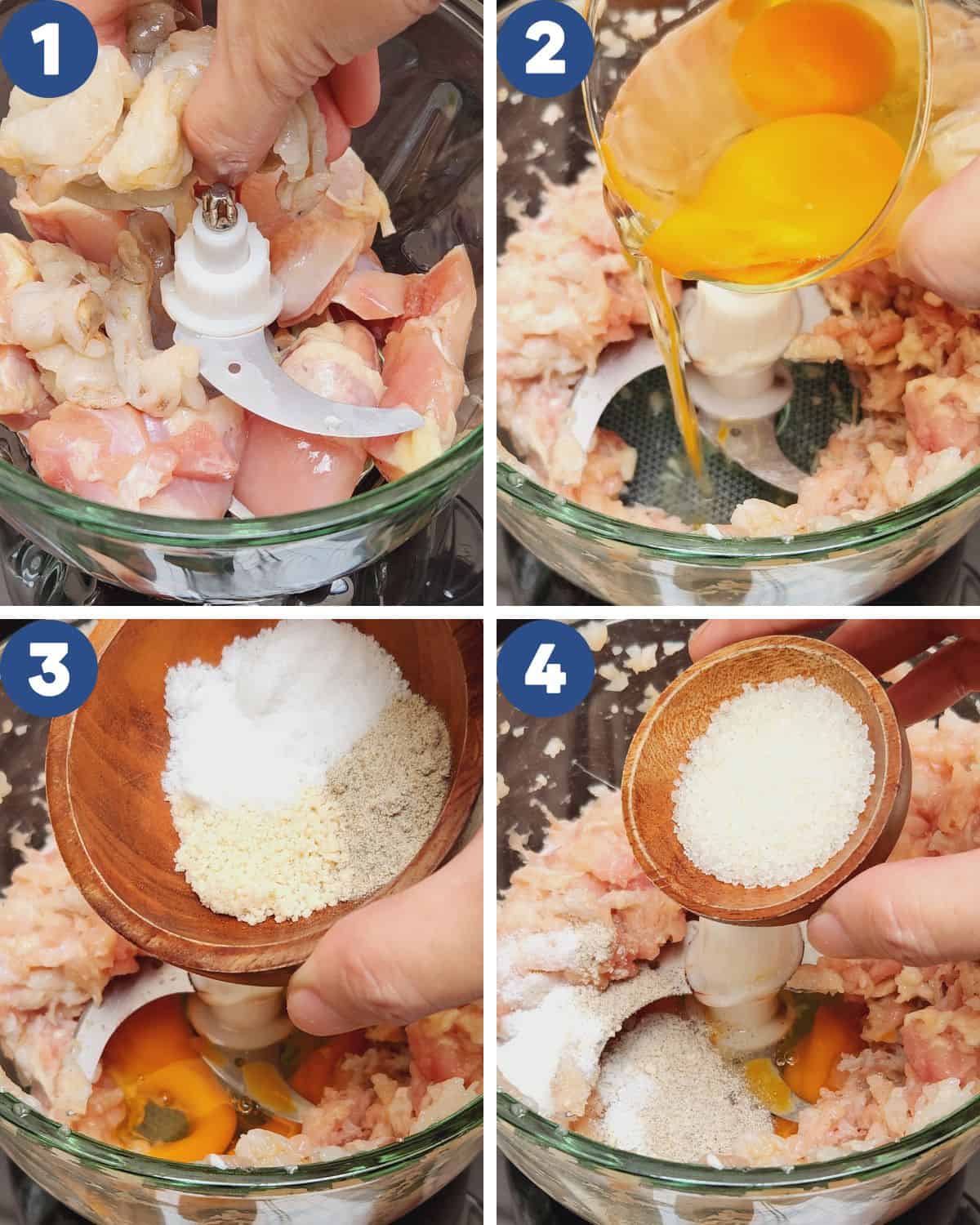 Photo collage of bakso goreng mixing process.
