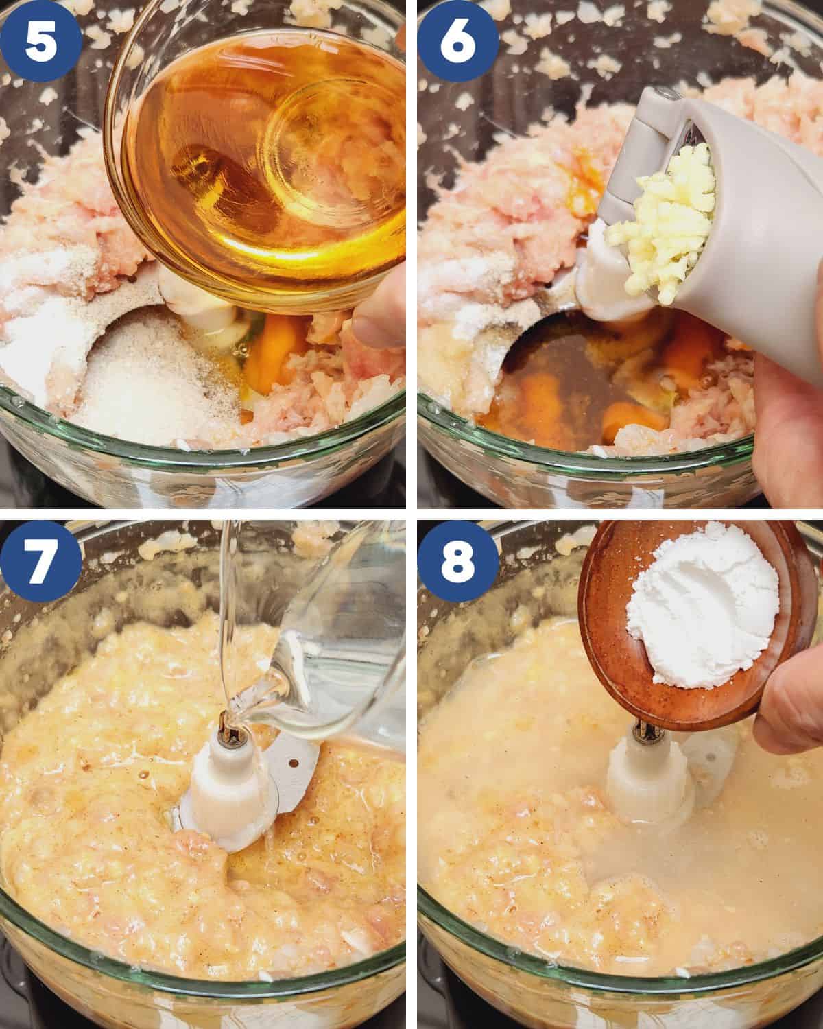 Photo collage of preparing bakso goreng batter.