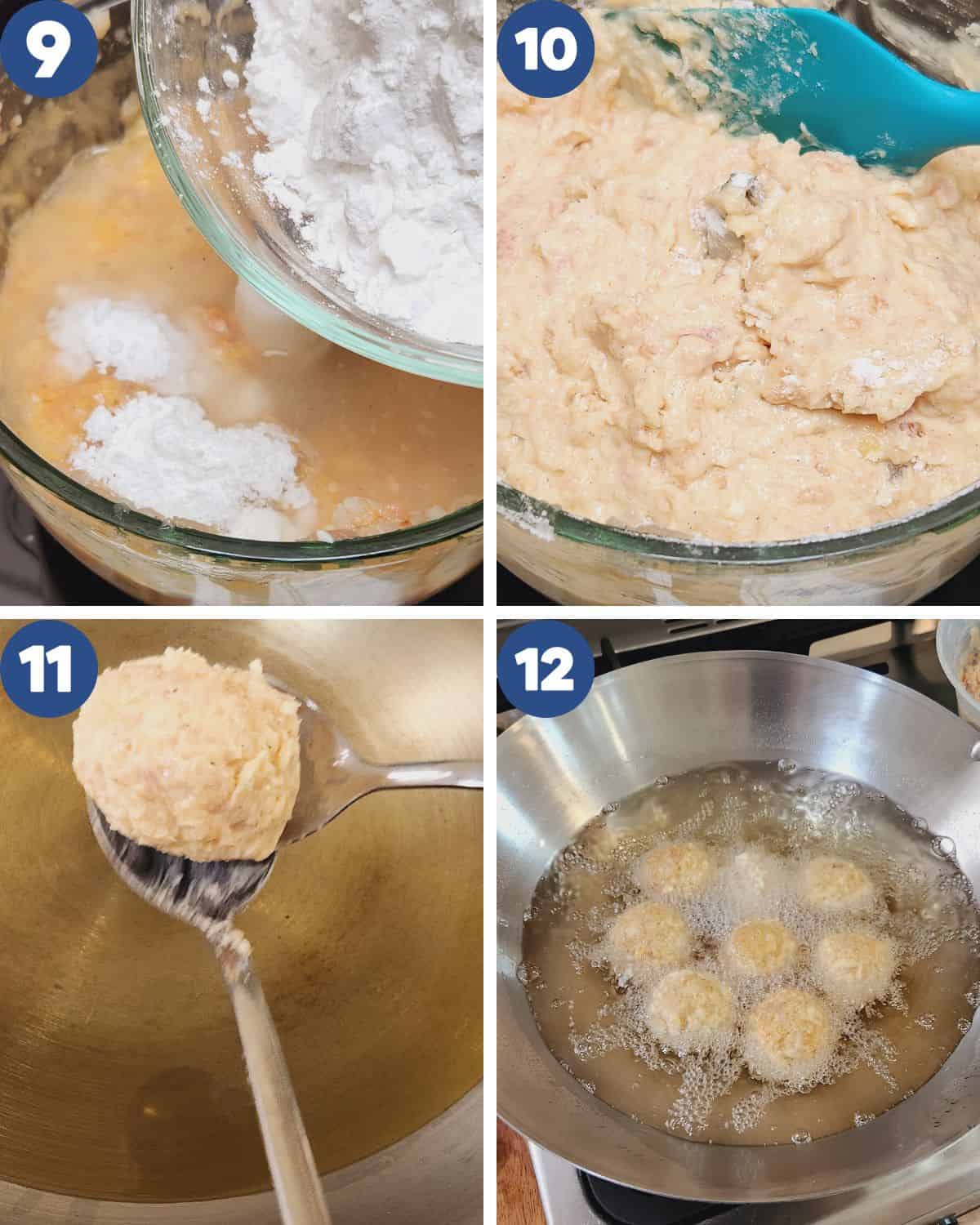 Photo collage of deep frying the meat balls.