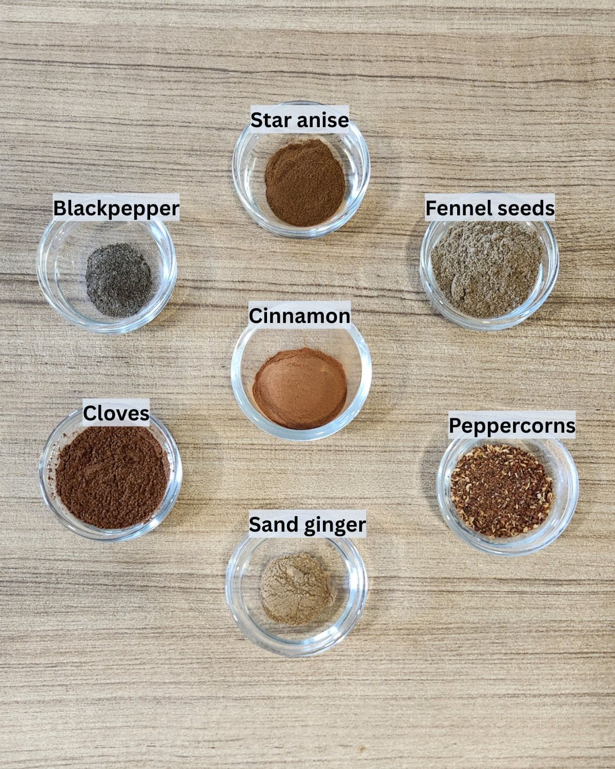 Chinese five spice powder ingredients with labels.