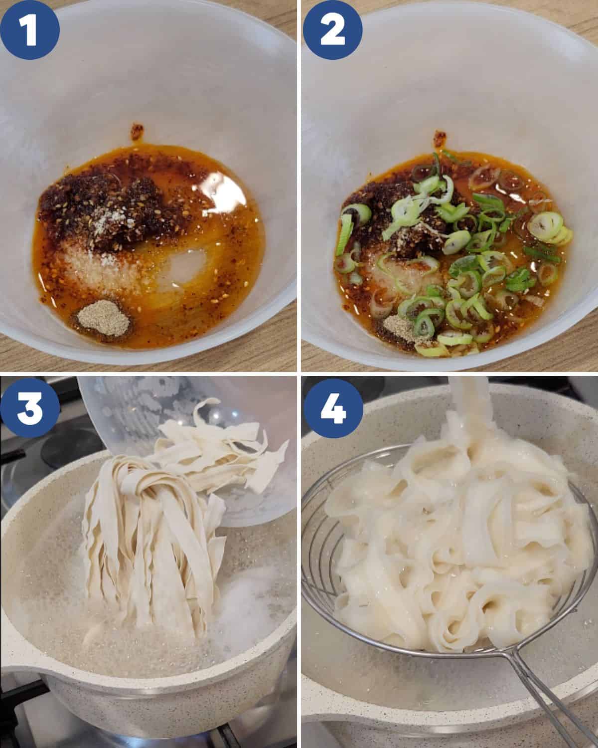 Step by step process photos of preparing the sauce mixture and boiling the noodles.