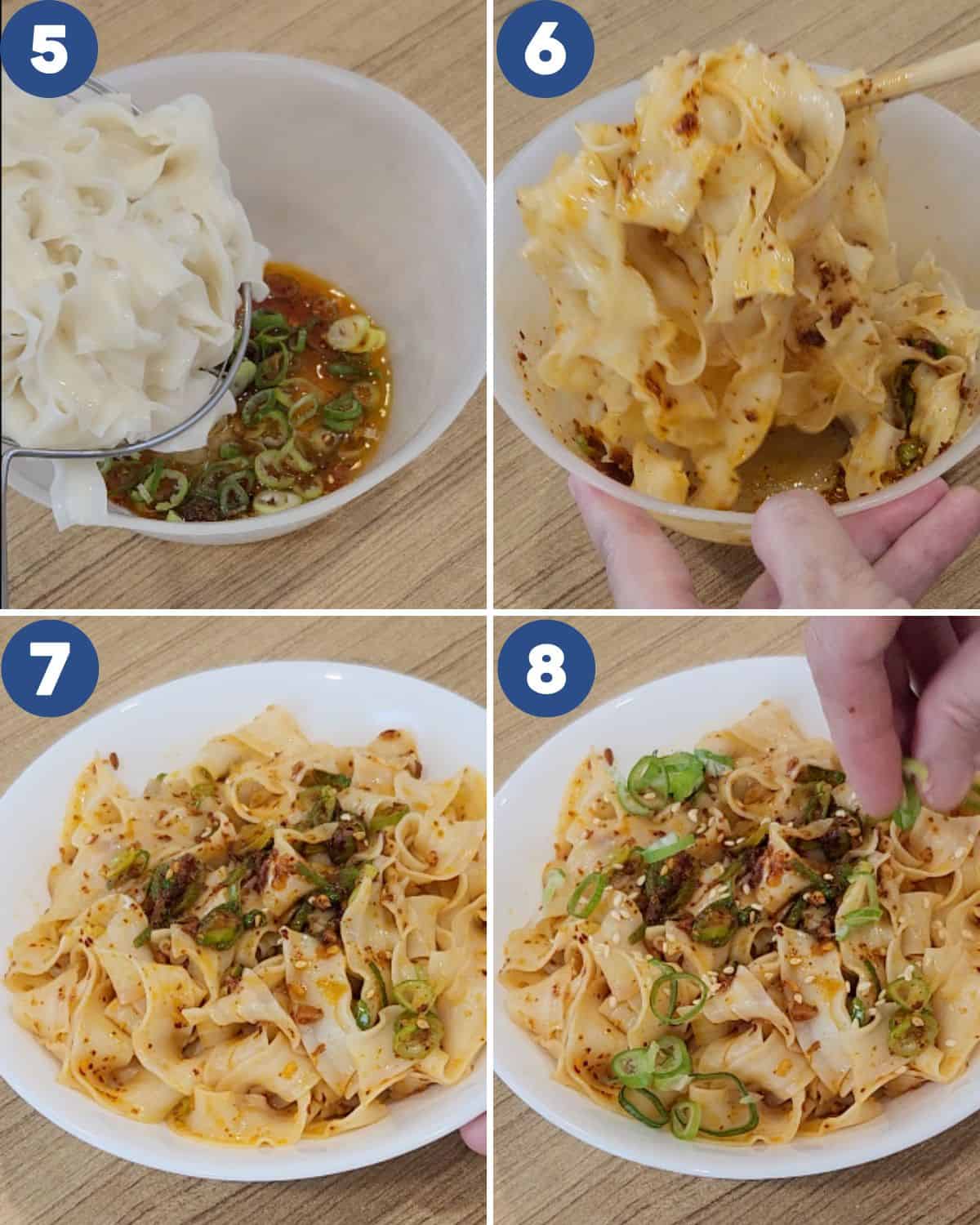 Step by step process photos of mixing the garlic chili oil noodles in a bowl. 