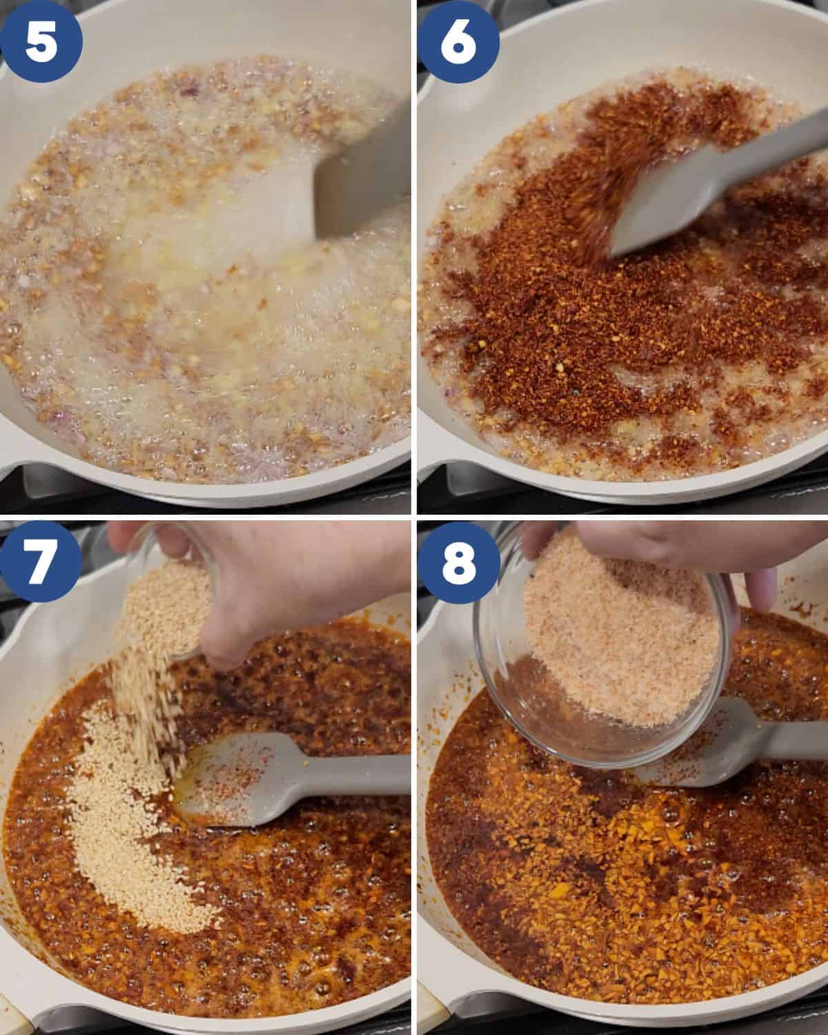 Step by step process photos of frying the garlic chili oil ingredients.