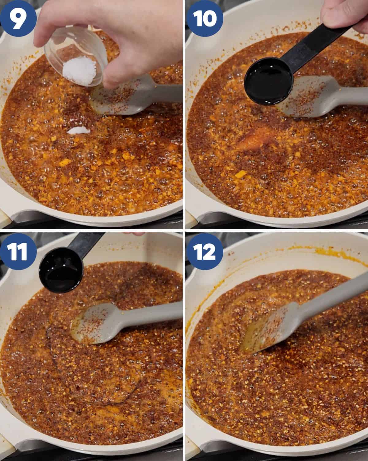 Step by step process photos of adding the seasoning to the chili oil.