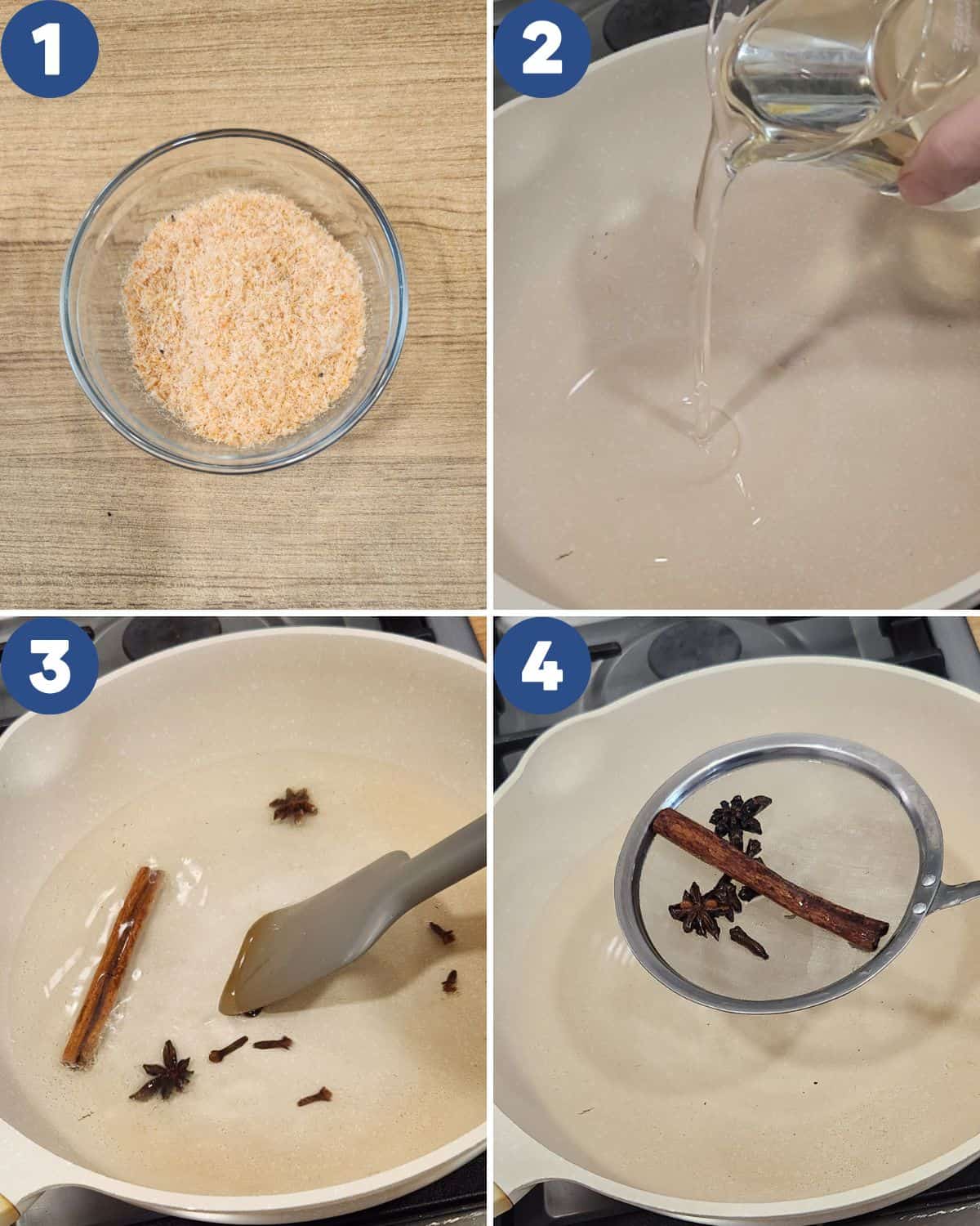 Step by step process photos of making the garlic chili oil.