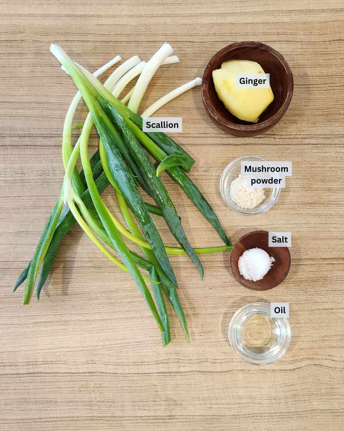 Ginger scallion sauce ingredients with labels.