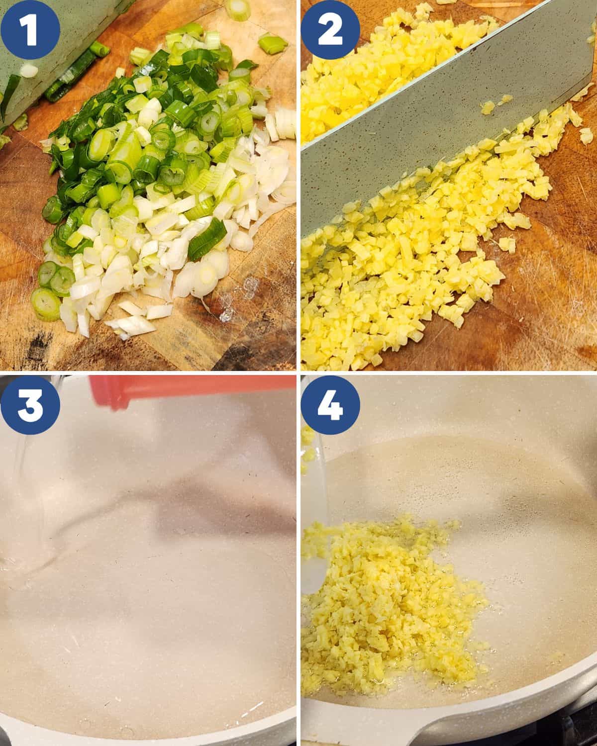 Step by step process photos of preparing the ginger and scallion before cooking them.
