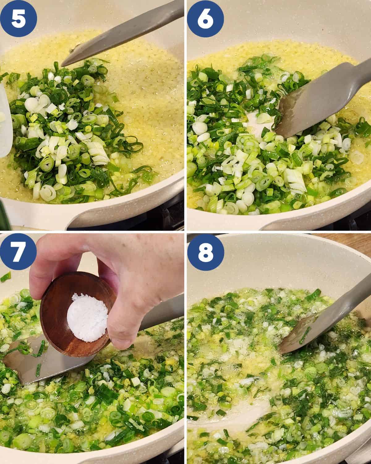 Step by step process photos of cooking and seasoning ginger scallion sauce.