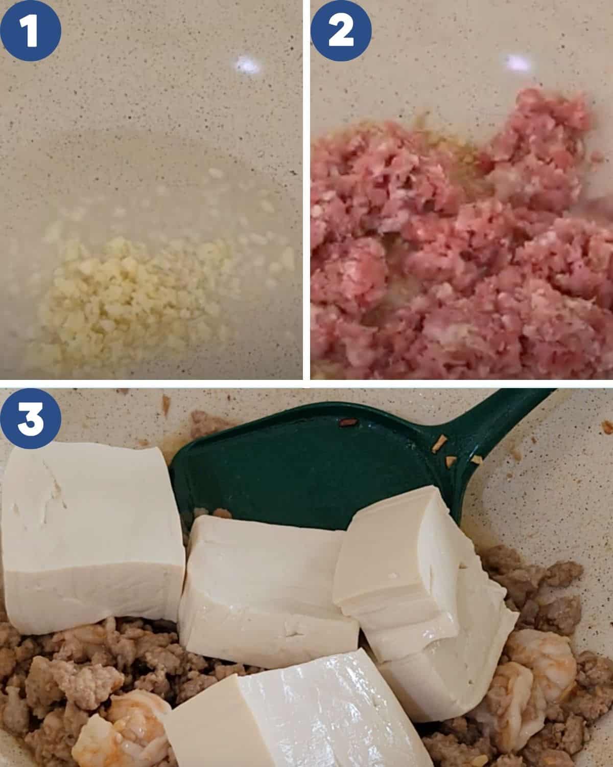 Photo collage of sauteeing the garlic, pork, and tofu for ground pork tofu stir fry.