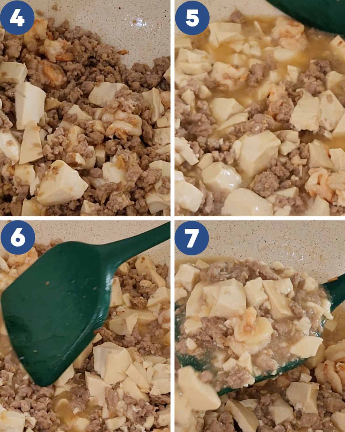 Photo collage of stir frying and adding sauce for ground pork tofu stir fry.
