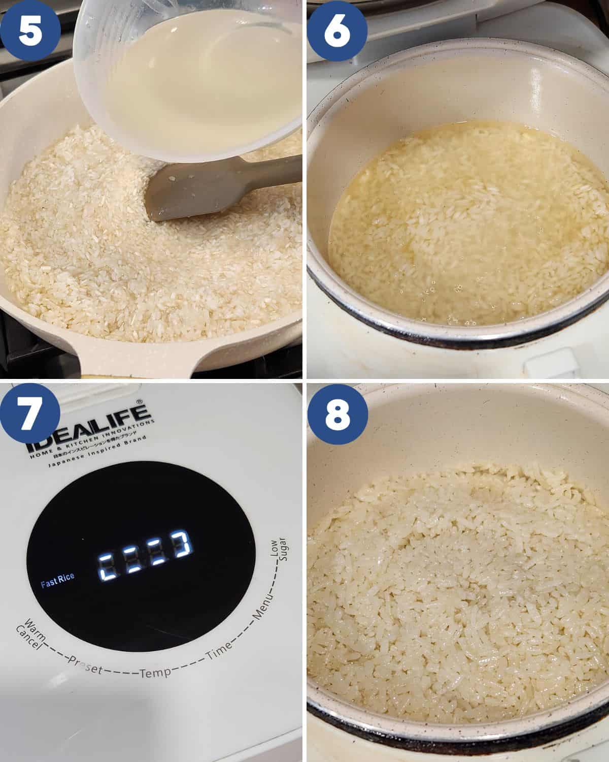 Photo collage of cooking the Hainanese chicken rice in a rice cooker.