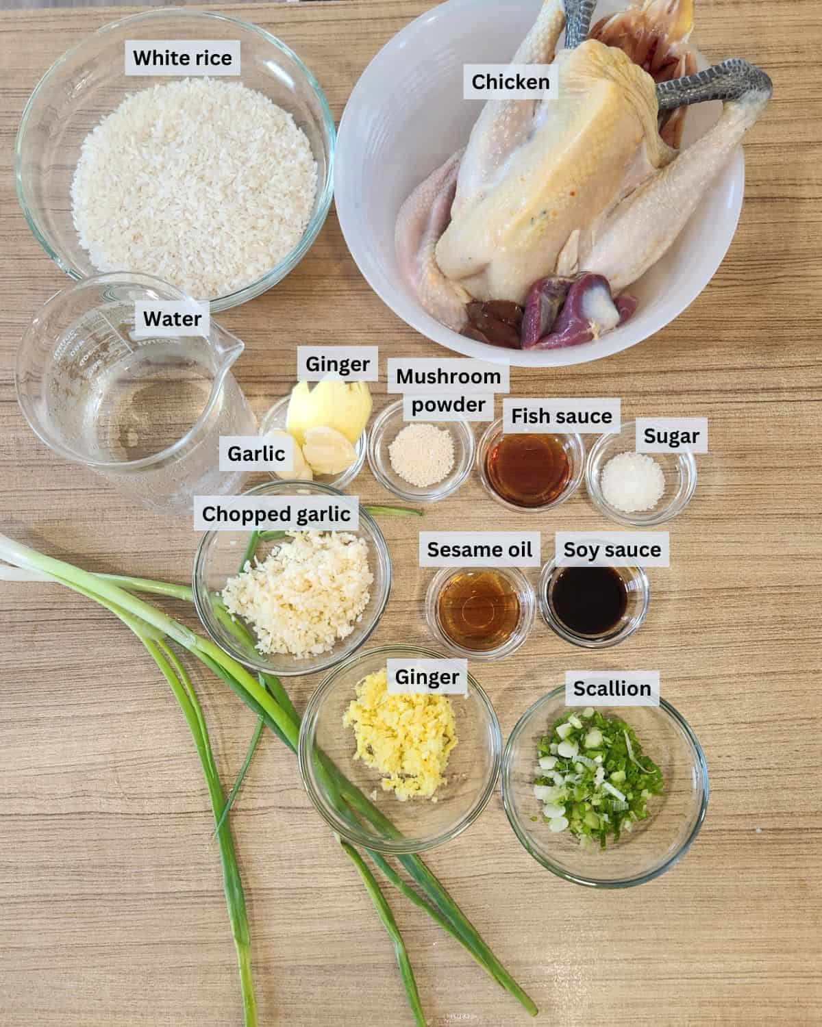 Hainanese chicken ingredients with labels.