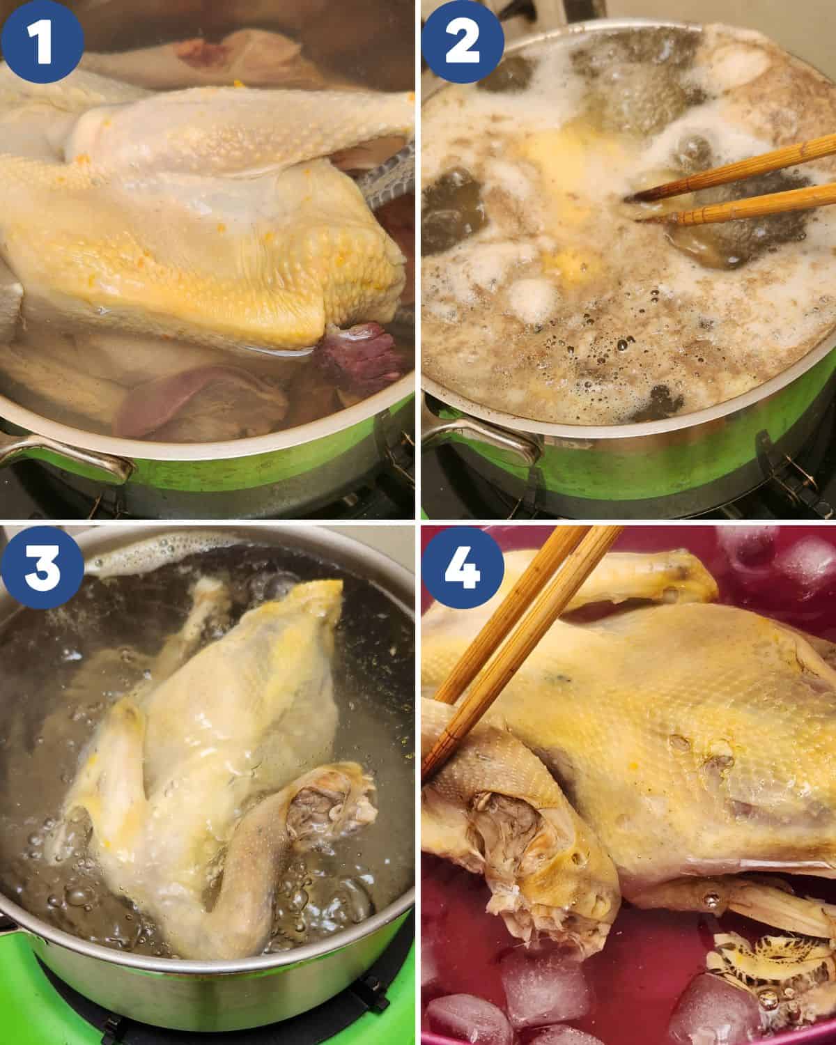 Step by step process photos of poaching the Hainanese chicken.