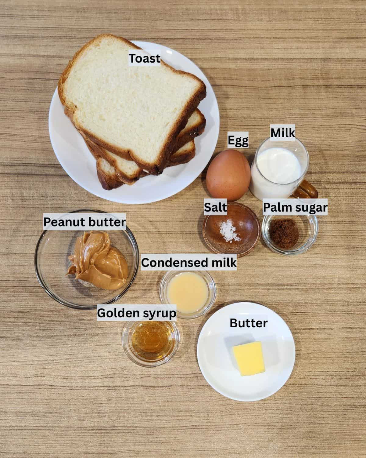 Hong Kong style French toast ingredients with labels.
