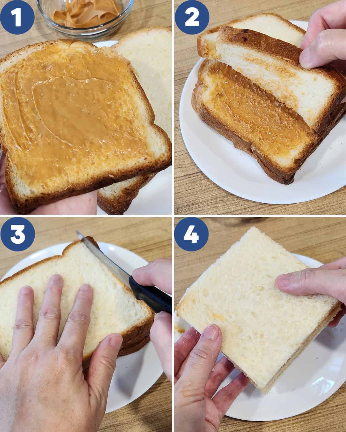 A collage picture of preparing the bread with peanut butter.