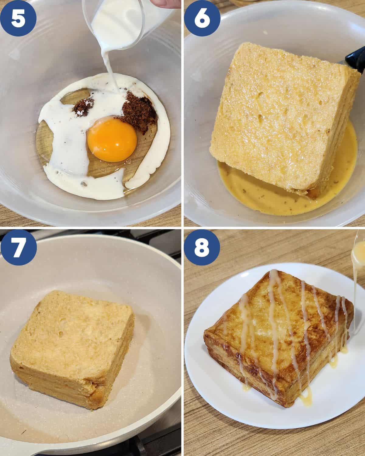 Photo collage of preparing the egg mixture, dipping, and toasting the Hong Kong French Toast.