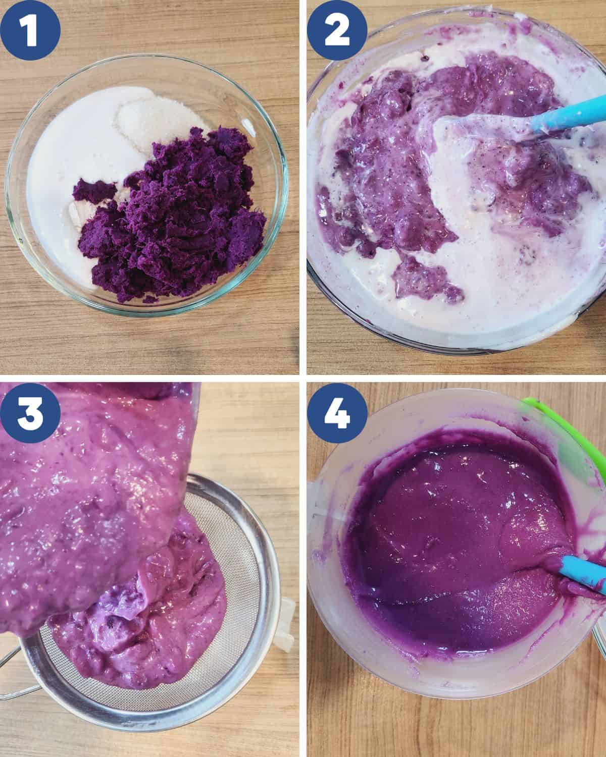Photo collage of preparing the purple sweet potato batter.