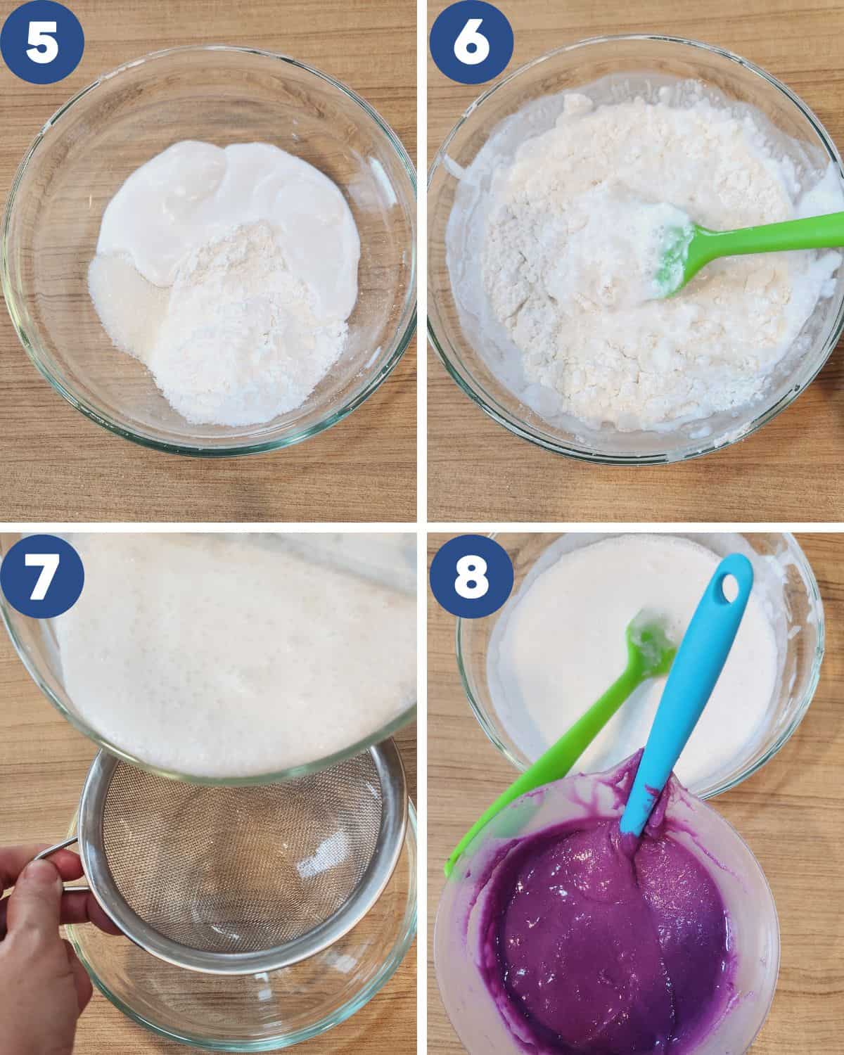 Photo collage of processing the coconut batter for kue talam ubi ungu.