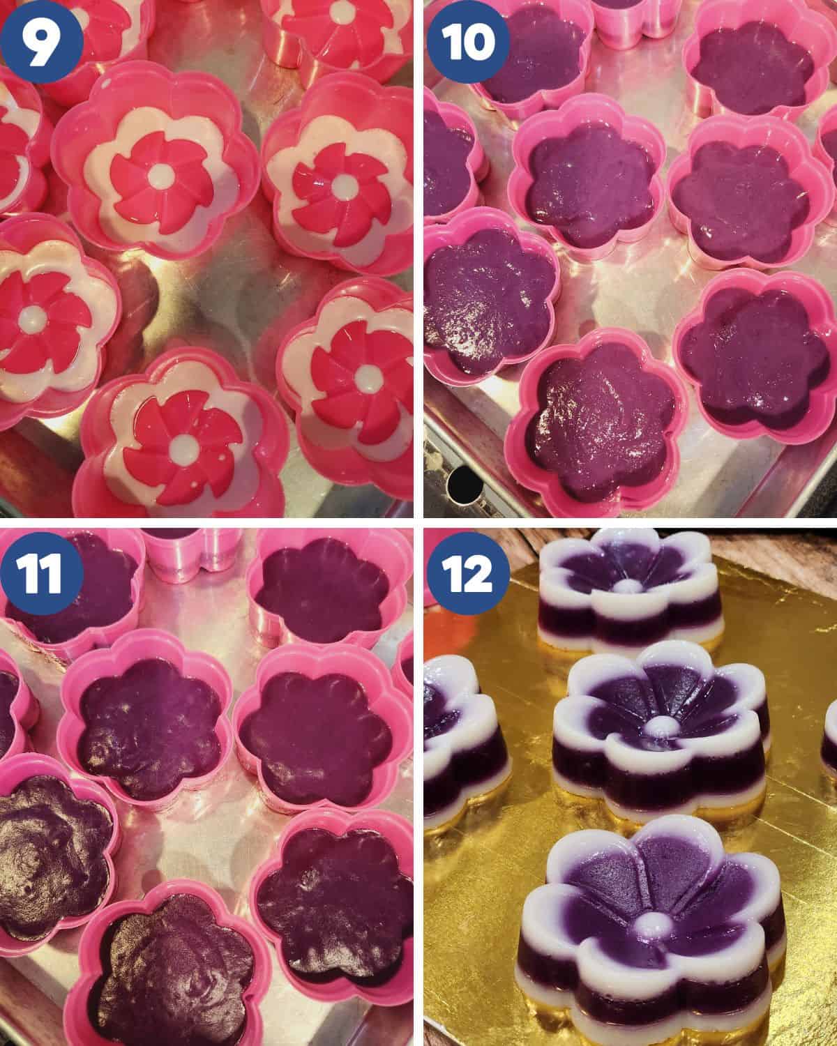 Photo collage of layering the kuih talam ubi ungu.
