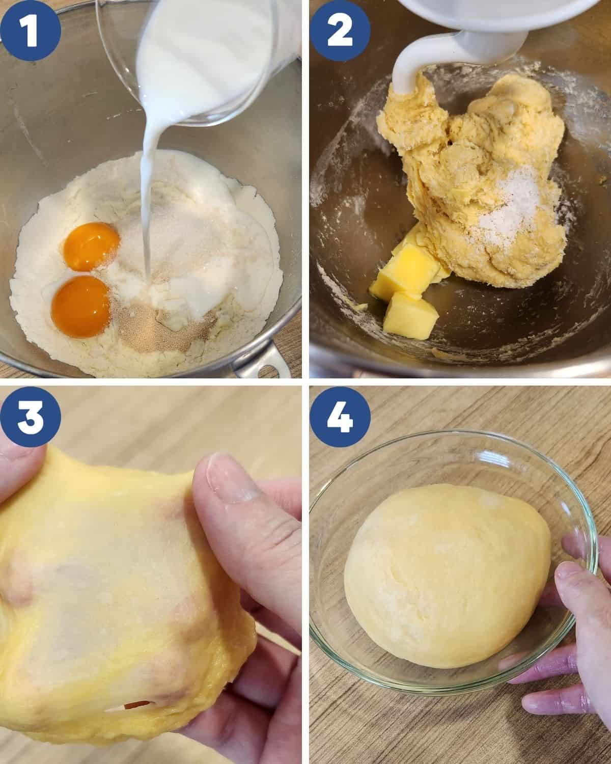 Step by step process photos of mixing the flour, sugar, yeast and eggs.