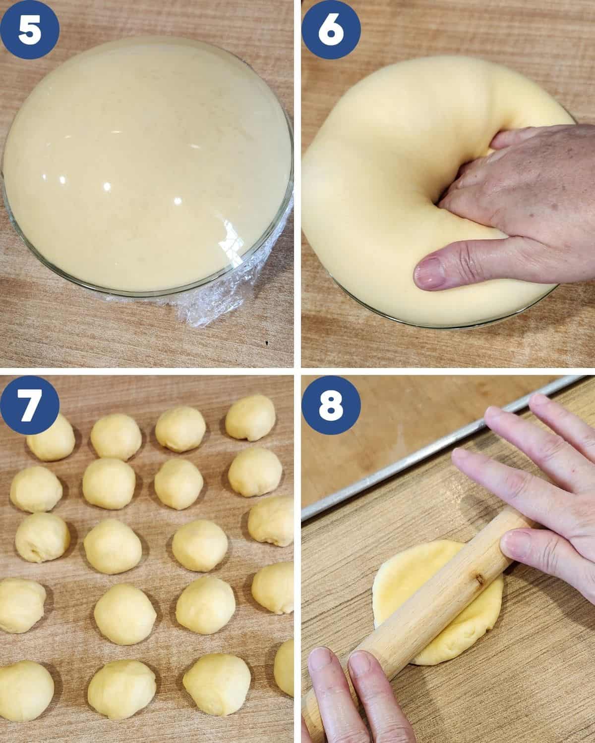 Step by step process photos of fermenting and shaping the dough.