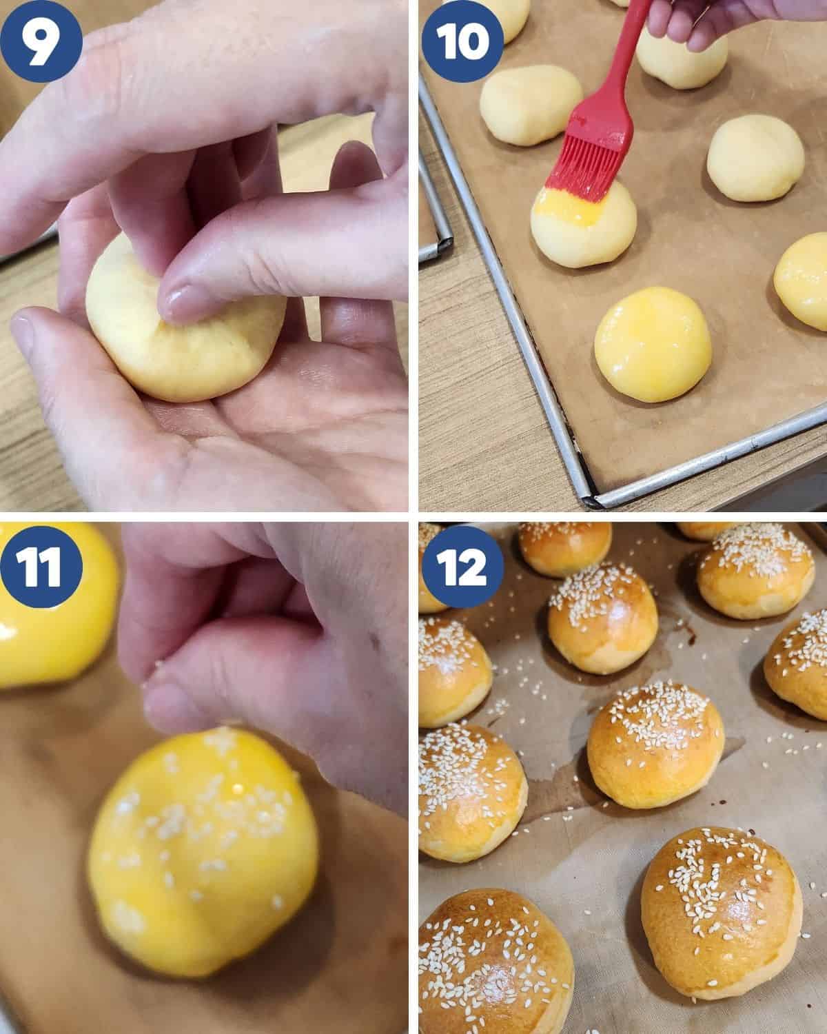 Step by step process photos of shaping and preparing the mini burger buns to bake.