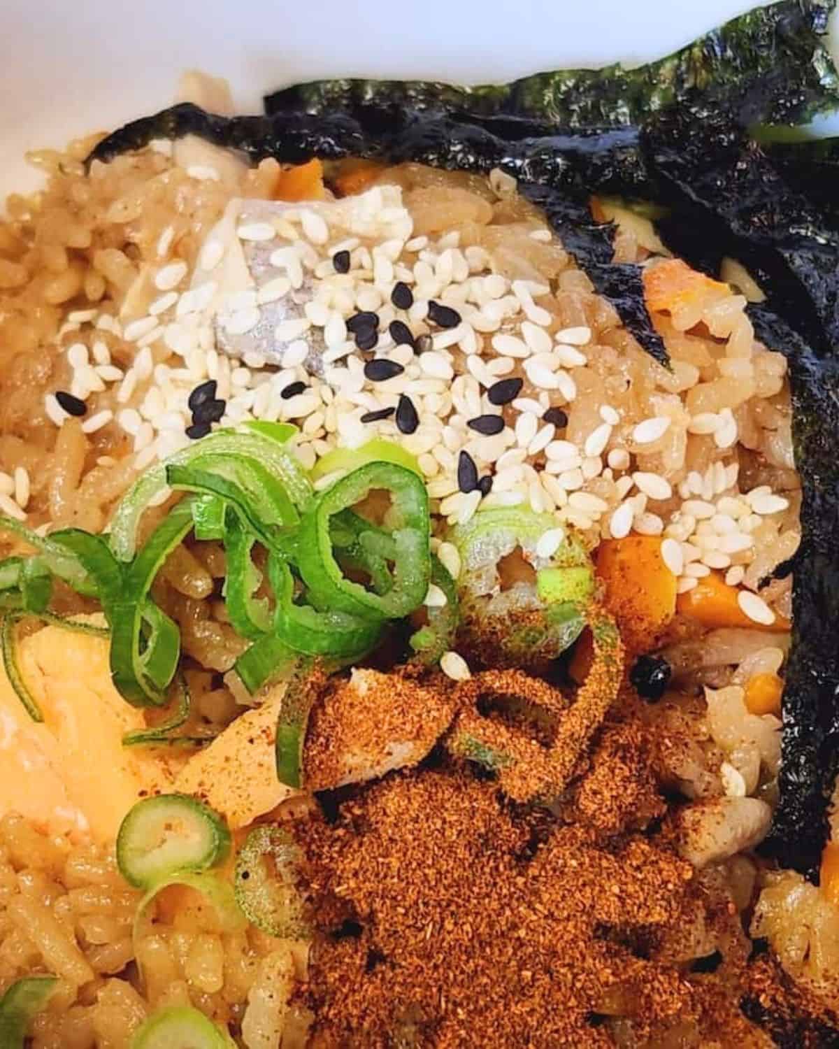 Salmon takikomi gohan in a bowl with sesame seeds, green onion, and chili flakes.